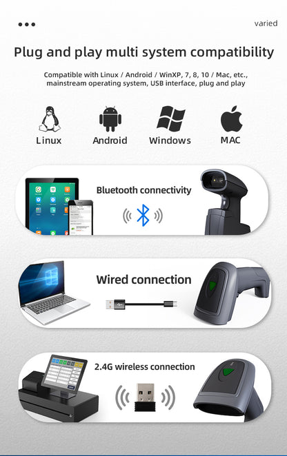 KUNST® GT-1902C+E Wireless 2.4G Bluetooth two-dimensional barcode scanner with charging bracket